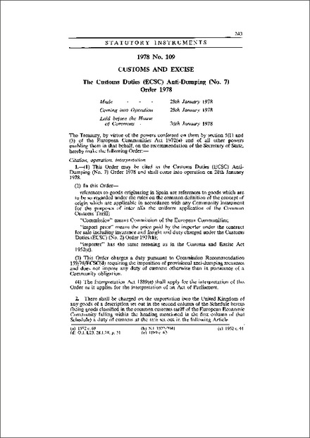 The Customs Duties (ECSC) Anti-Dumping (No. 7) Order 1978