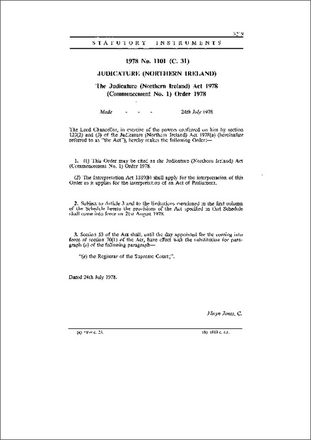 The Judicature (Northern Ireland) Act 1978 (Commencement No. 1) Order 1978