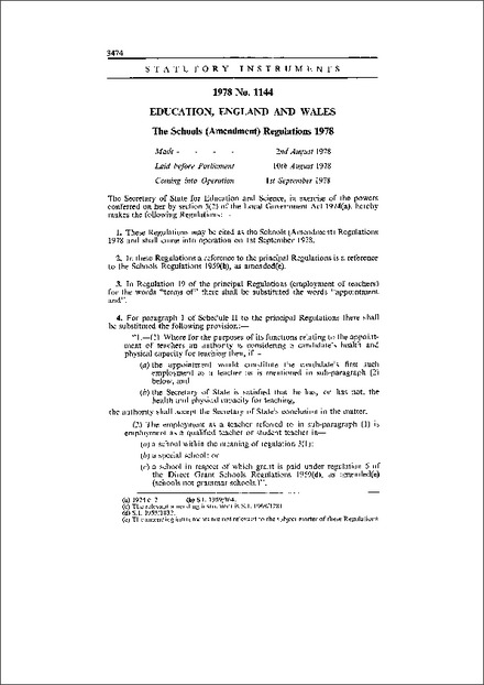 The Schools (Amendment) Regulations 1978