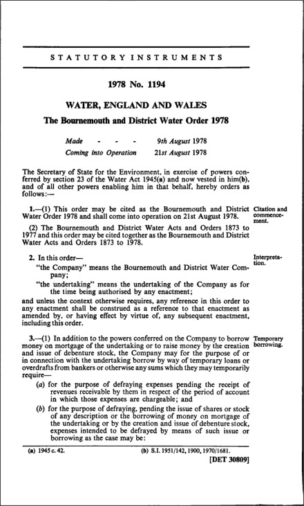 The Bournemouth and District Water Order 1978