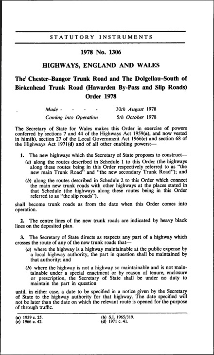 The Chester-Bangor Trunk Road and The Dolgellau-South of Birkenhead Trunk Road (Hawarden By-Pass and Slip Roads) Order 1978