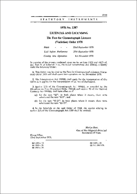 The Fees for Cinematograph Licences (Variation) Order 1978