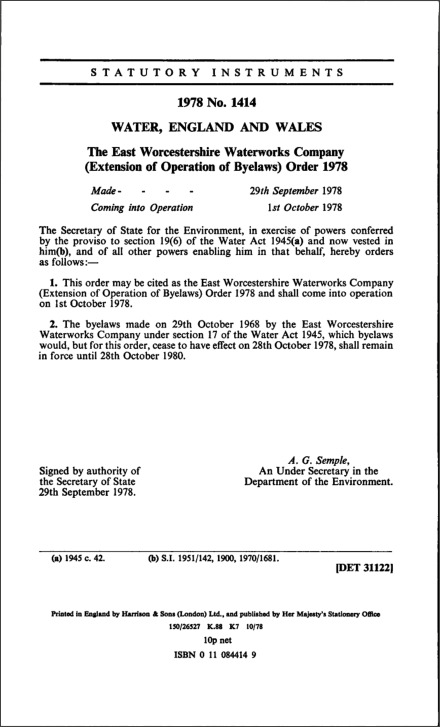 The East Worcestershire Waterworks Company (Extension of Operation of Byelaws) Order 1978