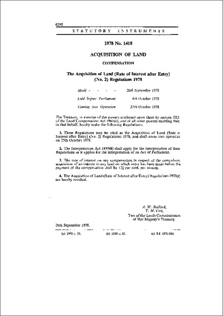 The Acquisition of Land (Rate of Interest after Entry) (No. 2) Regulations 1978