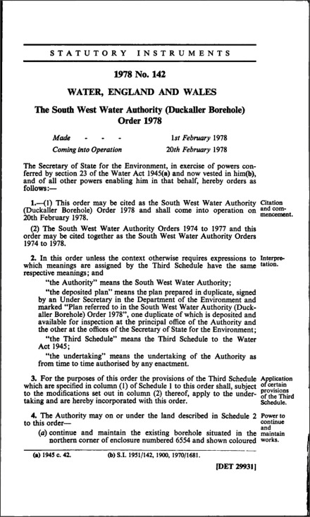 The South West Water Authority (Duckaller Borehole) Order 1978