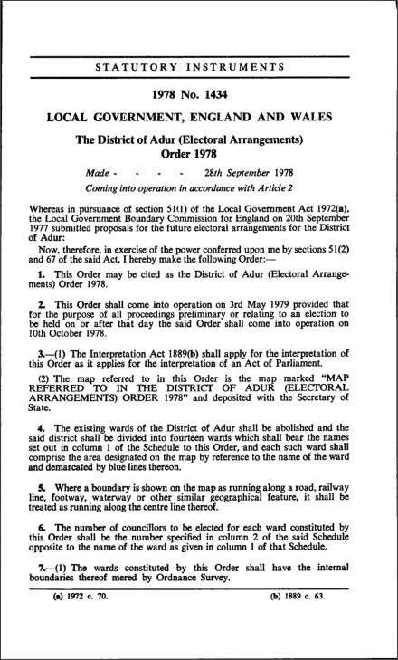 The District of Adur (Electoral Arrangements) Order 1978