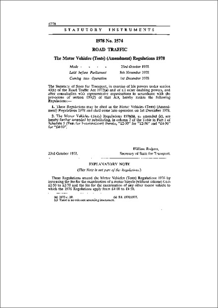 The Motor Vehicles (Tests) (Amendment) Regulations 1978