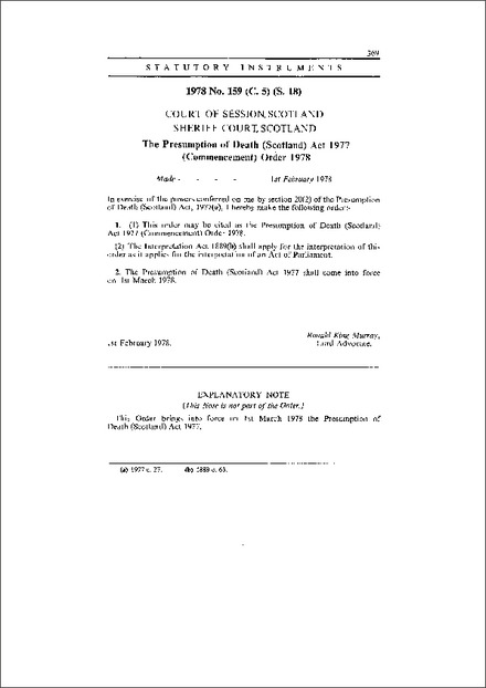 The Presumption of Death (Scotland) Act 1977 (Commencement) Order 1978