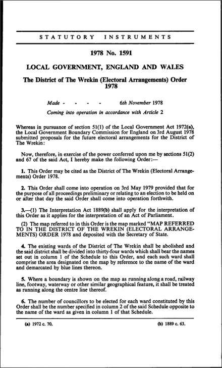 The District of The Wrekin (Electoral Arrangements) Order 1978