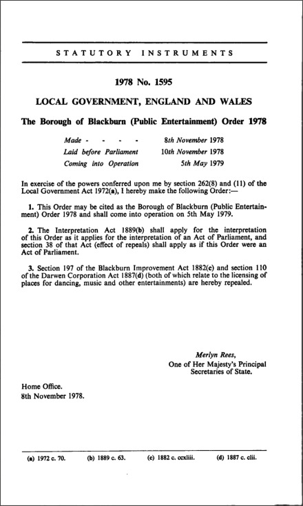 The Borough of Blackburn (Public Entertainment) Order 1978