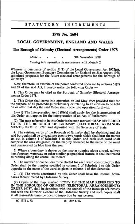 The Borough of Grimsby (Electoral Arrangements) Order 1978