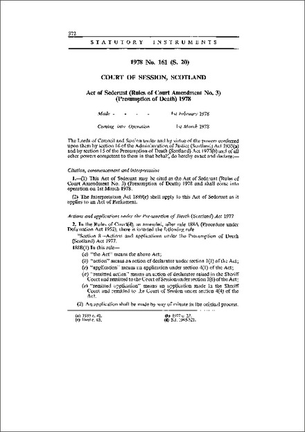 Act of Sederunt (Rules of Court Amendment No. 3) (Presumption of Death) 1978