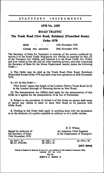 The Trunk Road (New Road, Rainham) (Prescribed Route) Order 1978