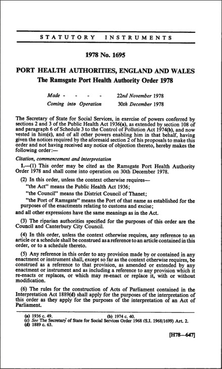 The Ramsgate Port Health Authority Order 1978