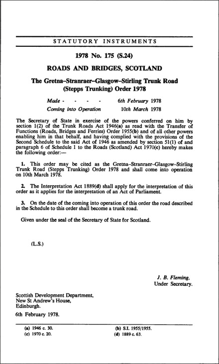 The Gretna-Stranraer-Glasgow-Stirling Trunk Road (Stepps Trunking) Order 1978