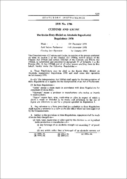 The Excise Duty (Relief on Alcoholic Ingredients) Regulations 1978