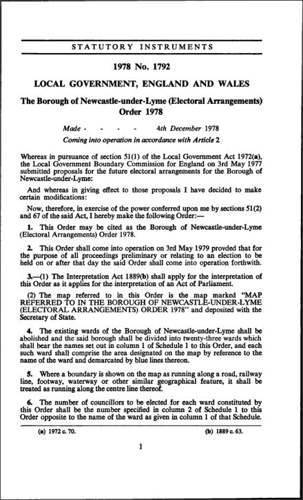 The Borough of Newcastle-under-Lyme (Electoral Arrangements) Order 1978