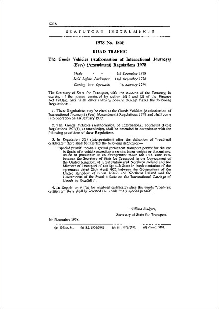 The Goods Vehicles (Authorisation of International Journeys) (Fees) (Amendment) Regulations 1978