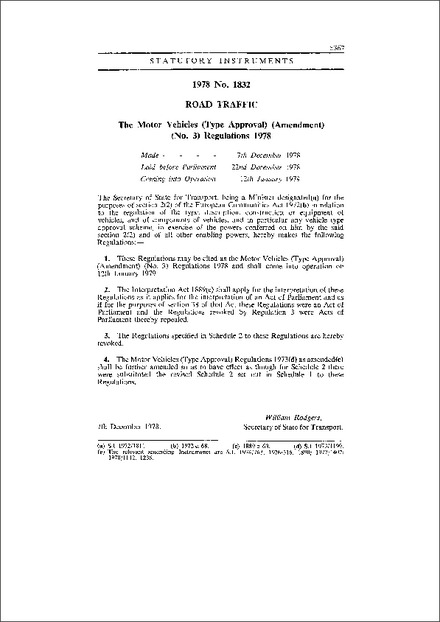 The Motor Vehicles (Type Approval) (Amendment) (No. 3) Regulations 1978
