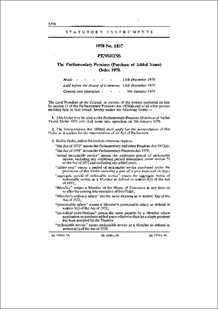 The Parliamentary Pensions (Purchase of Added Years) Order 1978