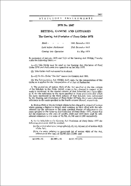 The Gaming Act (Variation of Fees) Order 1978