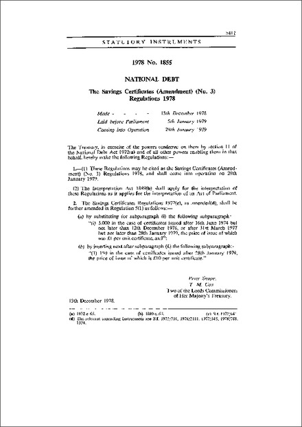 The Savings Certificates (Amendment) (No. 3) Regulations 1978