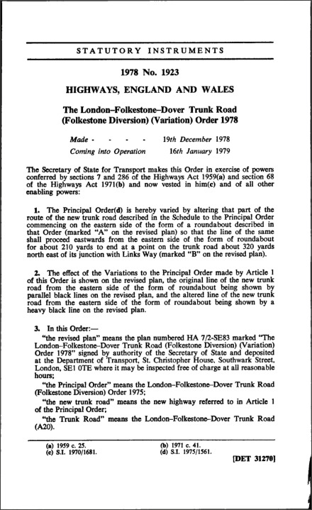 The London-Folkestone—Dover Trunk Road (Folkestone Diversion) (Variation) Order 1978