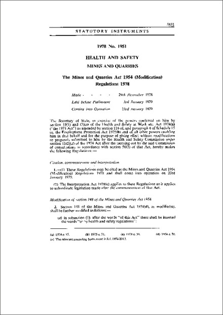 The Mines and Quarries Act 1954 (Modification) Regulations 1978