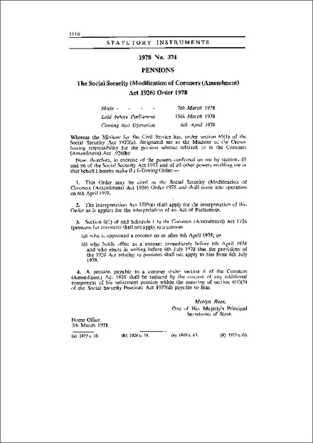 The Social Security (Modification of Coroners (Amendment) Act 1926) Order 1978