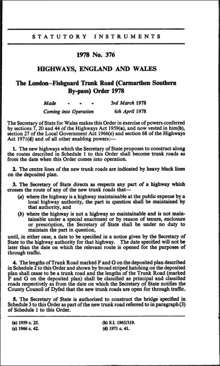 The London—Fishguard Trunk Road (Carmarthen Southern By-pass) Order 1978