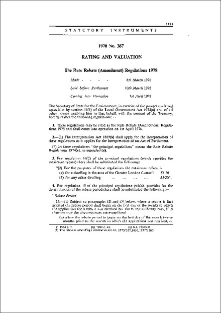 The Rate Rebate (Amendment) Regulations 1978
