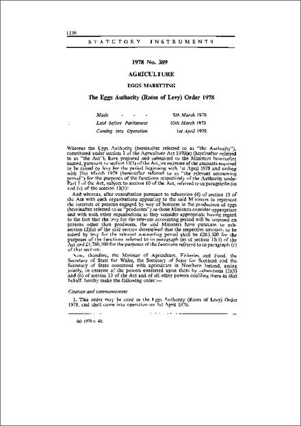 The Eggs Authority (Rates of Levy) Order 1978