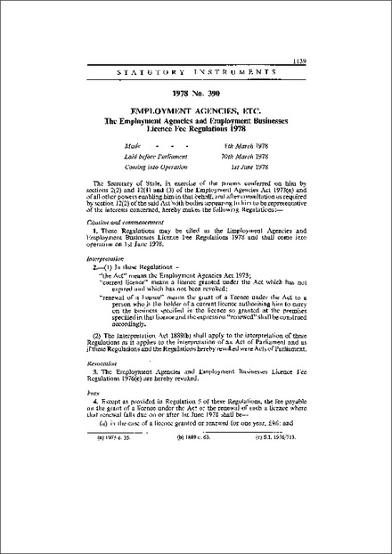 The Employment Agencies and Employment Businesses Licence Fee Regulations 1978