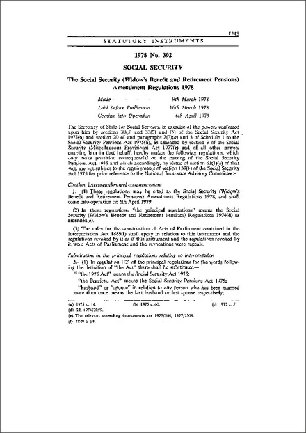 The Social Security (Widow's Benefit and Retirement Pensions) Amendment Regulations 1978