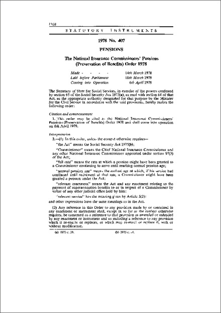 The National Insurance Commissioners' Pensions (Preservation of Benefits) Order 1978