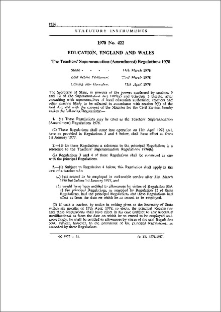 The Teachers' Superannuation (Amendment) Regulations 1978