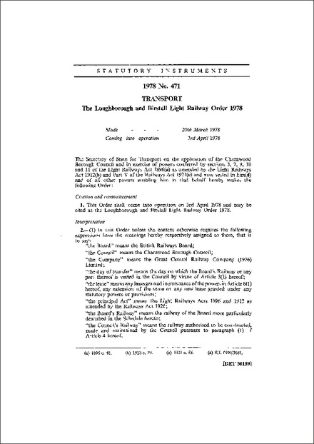 The Loughborough and Birstall Light Railway Order 1978