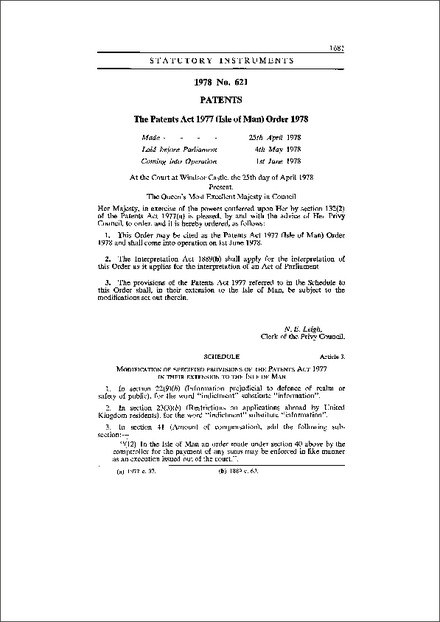 The Patents Act 1977 (Isle of Man) Order 1978