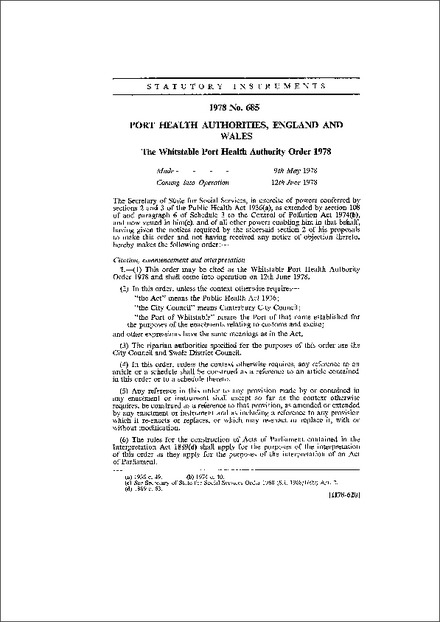 The Whitstable Port Health Authority Order 1978