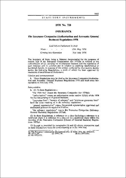 The Insurance Companies (Authorisation and Accounts: General Business) Regulations 1978