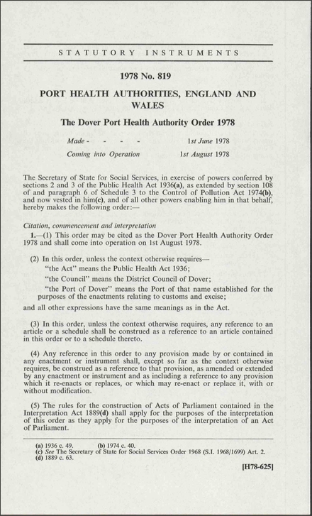 The Dover Port Health Authority Order 1978
