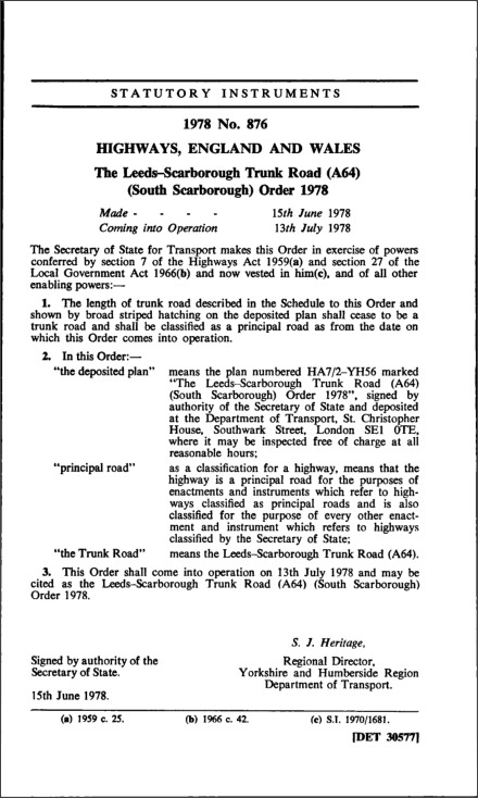 The Leeds-Scarborough Trunk Road (A64) (South Scarborough) Order 1978