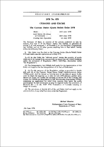 The Customs Duties (Quota Relief) Order 1978