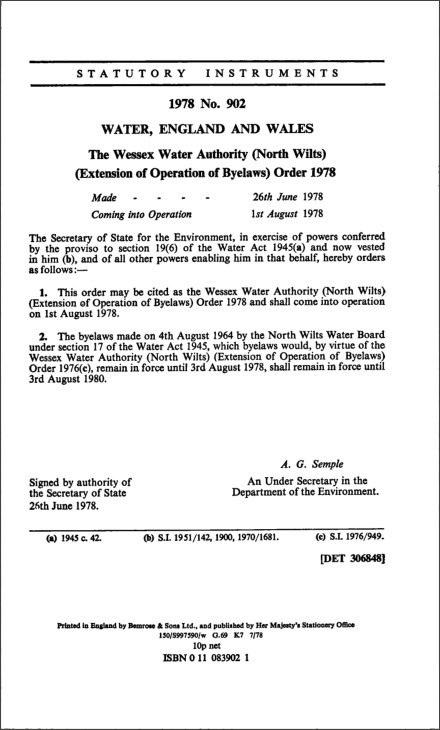 The Wessex Water Authority (North Wilts) (Extension of Operation of Byelaws) Order 1978