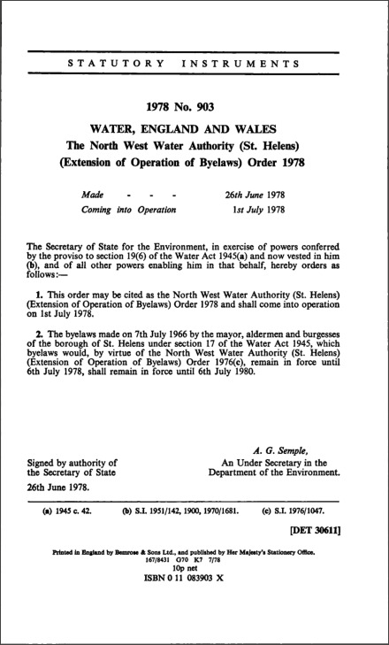The North West Water Authority (St. Helens) (Extension of Operation of Byelaws) Order 1978