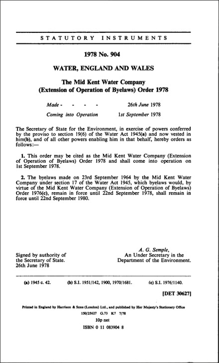 The Mid Kent Water Company (Extension of Operation of Byelaws) Order 1978