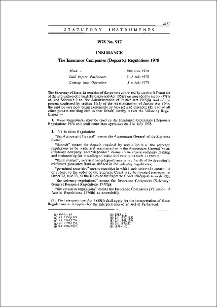 The Insurance Companies (Deposits) Regulations 1978