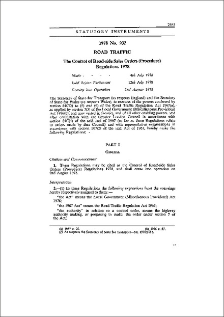 The Control of Road-side Sales Orders (Procedure) Regulations 1978