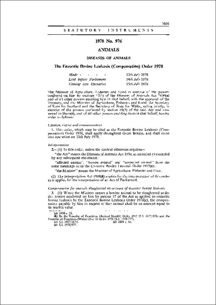 The Enzootic Bovine Leukosis (Compensation) Order 1978