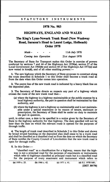 The King’s Lynn-Newark Trunk Road (New Washway Road, Saracen’s Head to Laurel Lodge, Holbeach) Order 1978